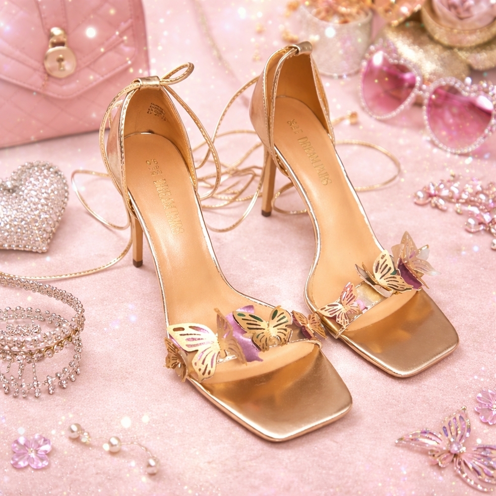 Dream Pairs Gold Butterfly Lace-Up Heels | Size 9.5
